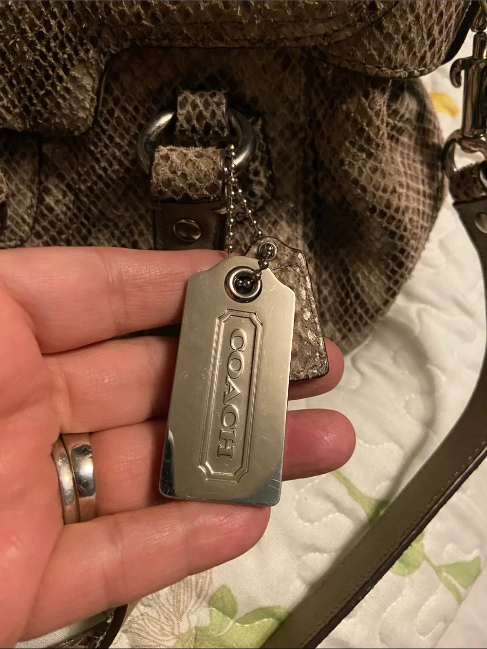 Coach Snake-Embossed Shoulder Bag in Taupe and Beige